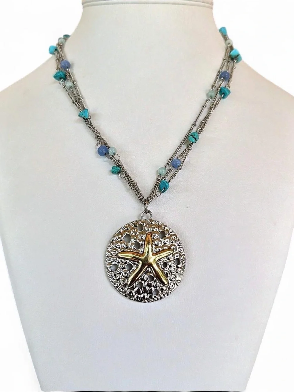 Y2K Beachy Sand Dollar & Starfish Layered Beaded Necklace 🌊